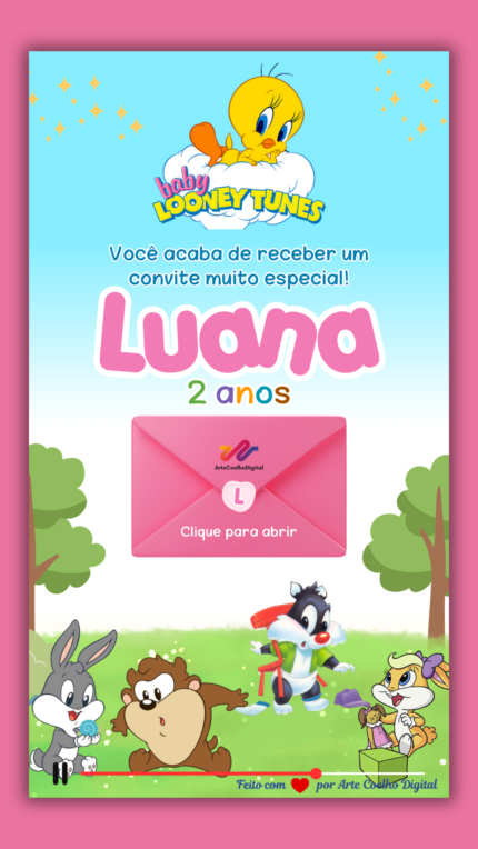 Convite Interativo Gold Looney Tunes Baby
