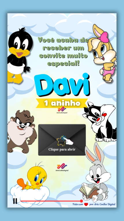 Convite Interativo Gold Looney Tunes Baby