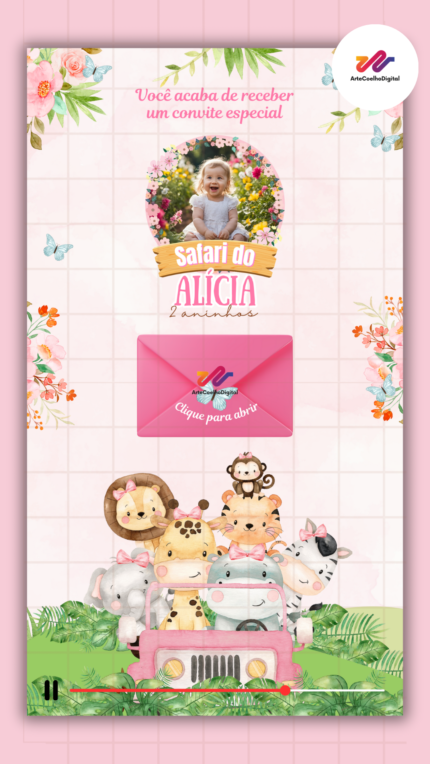 Convite Interativo Gold Plus Safari Rosa