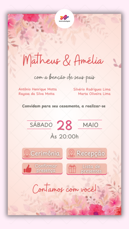 Convite interativo casamento Pink e Rosa