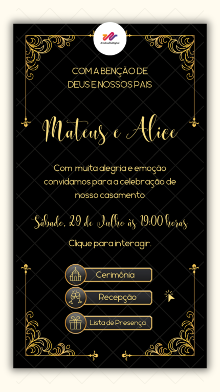 Convite Interativo Casamento Preto e Dourado