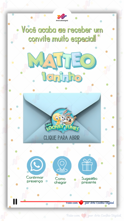 Convite Interativo Gold Plus Baby Looney Tunes
